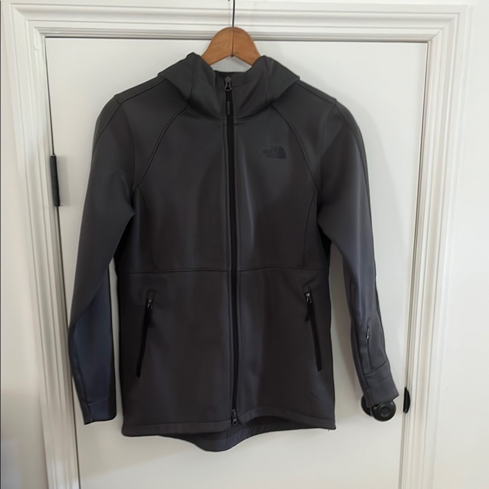 The North Face Gray Raincoat with Hood and Full-Length Zipper